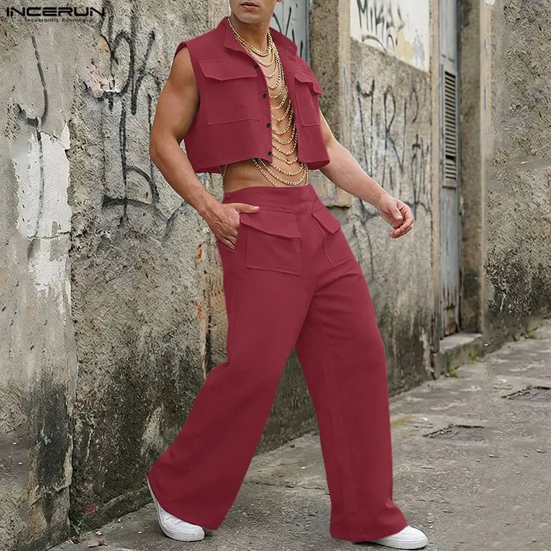 Men'S Fashion Course - INCERUN Mannen Sets Solid Mouwloze Crop