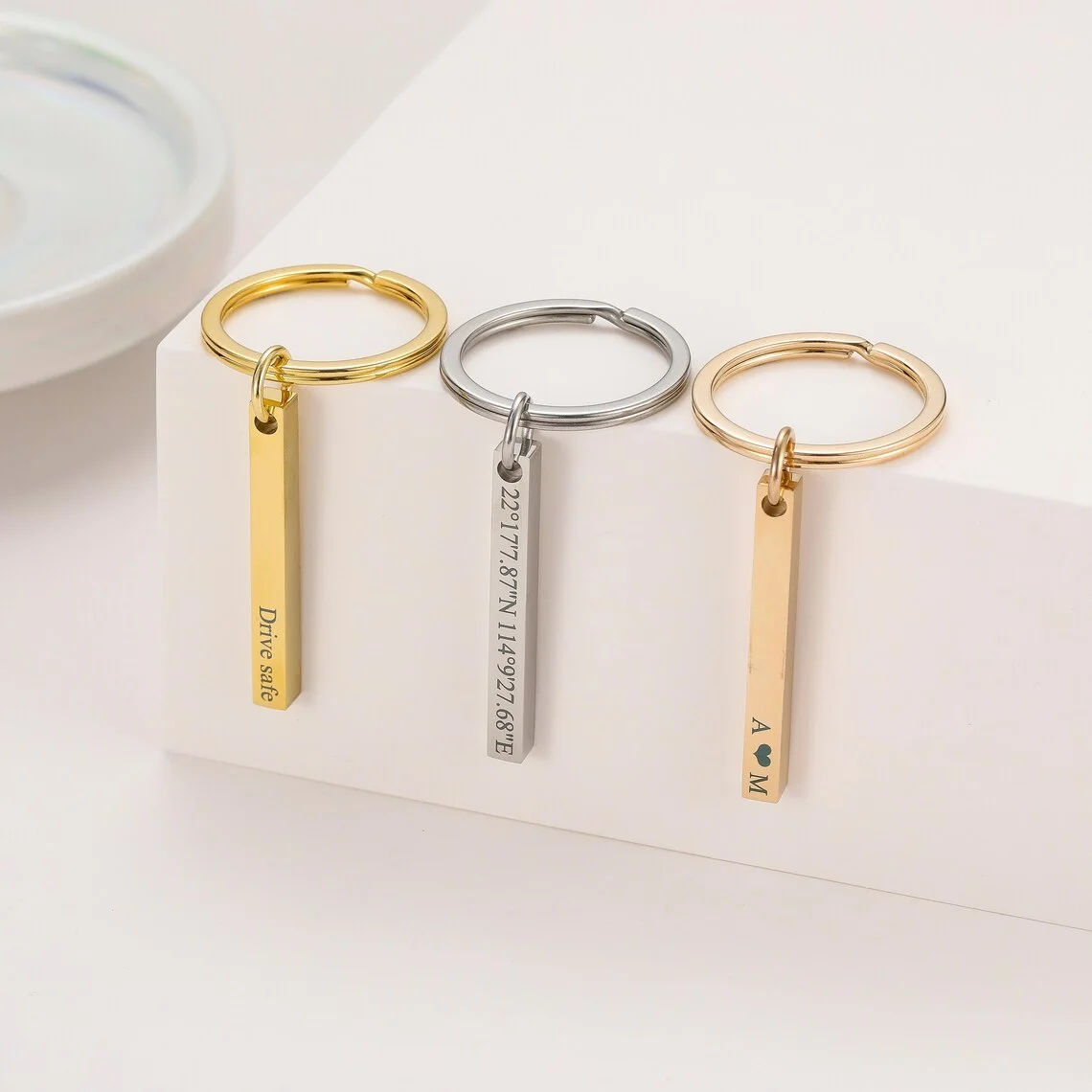 Men'S Fashion Gold Chain - Gepersonaliseerde gegraveerde Bar sleutelhanger roestvrij staal