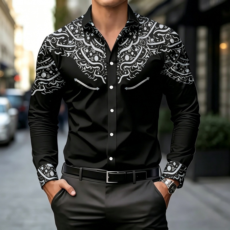 Mens Fashion Casual - Zwart-wit contrastprint overhemd, slim fit, trendy,