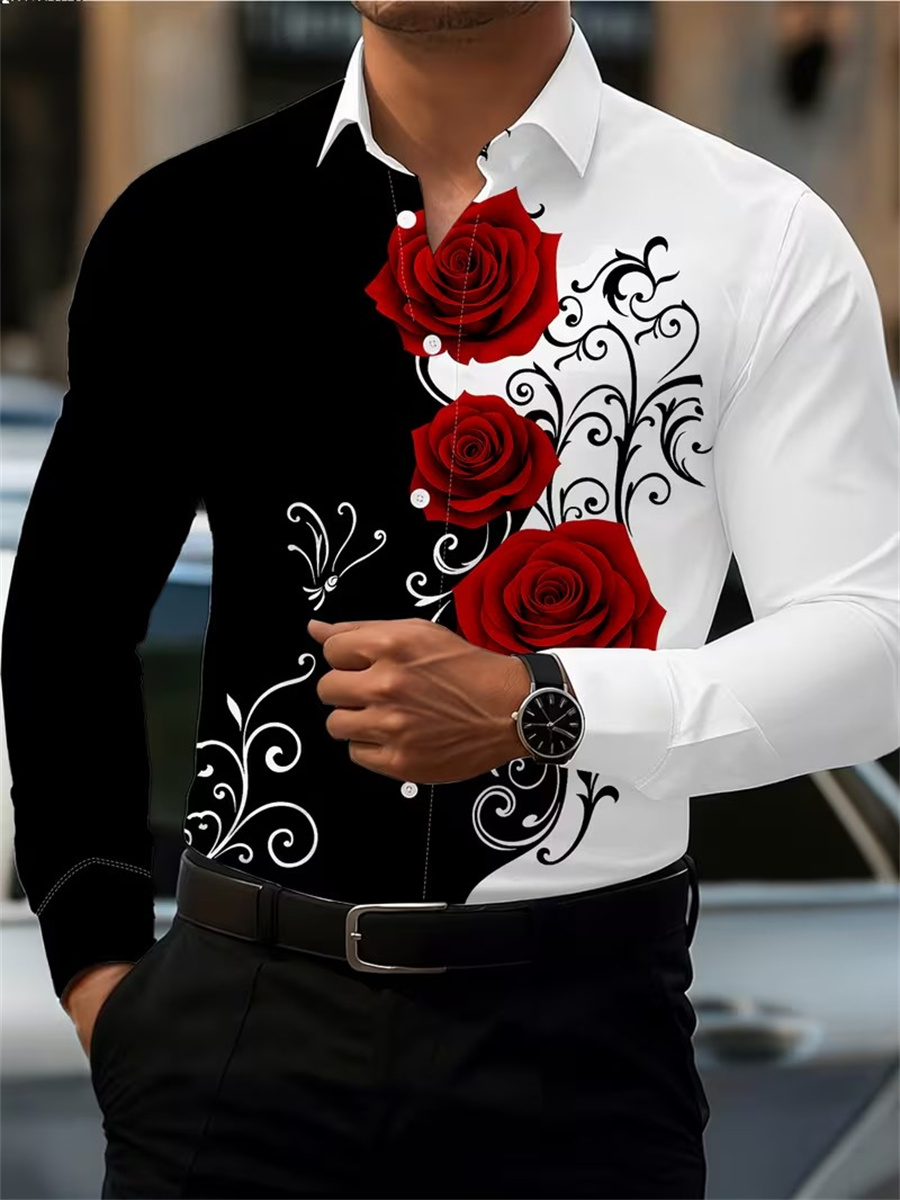 Mens Fashion Casual - Herenshirt met rode rozenprint, modieus en