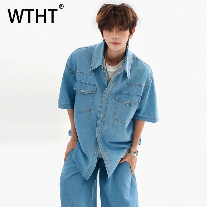 Jeans Shirt Fashion For Men - WTHT Mode heren Patchwork Zakken Losse